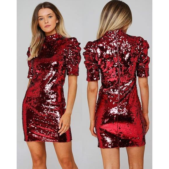 Alice + Olivia Brenna Sequin Puff Sleeve Bodycon Mini Dress Red Women's Size 6